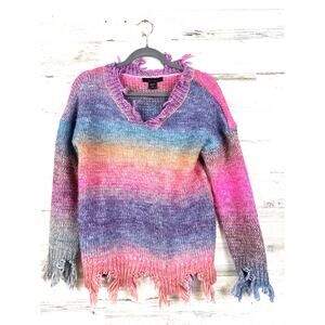 Sabrina Lauren Womens M Distressed Rainbow Color Oversized Knit Pullover Sweater